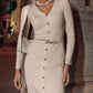 Apricot Knit Midi Dress with Button-Front Belted
