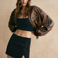 Ribbed-Cuff Zipper PU Leather Jacket