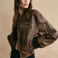 Ribbed-Cuff Zipper PU Leather Jacket