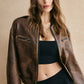 Ribbed-Cuff Zipper PU Leather Jacket