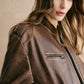 Ribbed-Cuff Zipper PU Leather Jacket
