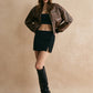 Ribbed-Cuff Zipper PU Leather Jacket