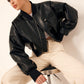 Zip Pockets PU Leather Short Jacket