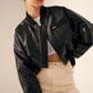 Zip Pockets PU Leather Short Jacket