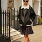 Contrast Collar PU Leather Bomber Jacket