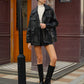 Lapel Belted Zipper PU Leather Jacket