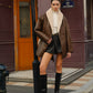 Pockets Belted Faux Leather Fleece Jacket