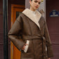 Pockets Belted Faux Leather Fleece Jacket