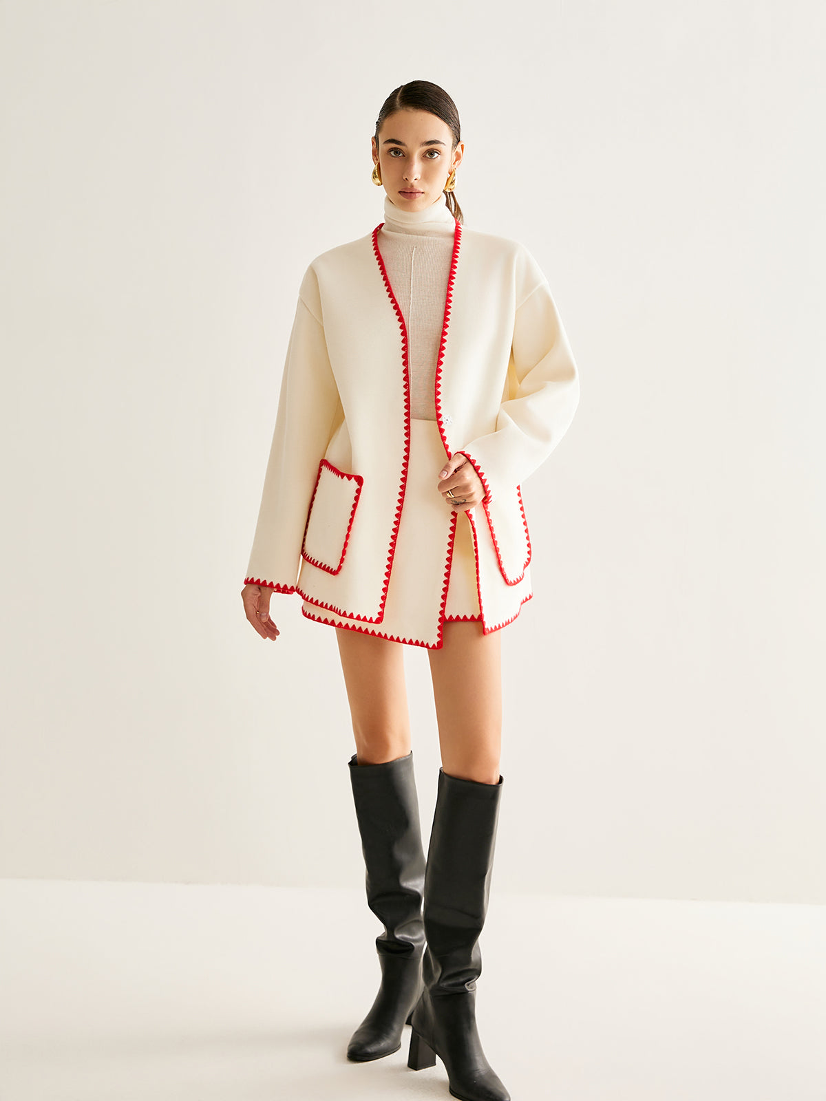 Embroidered Trim Tweed Coat With Scarf