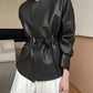 Stand Collar Belted Faux Leather Jacket