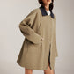 Contrast-Collar Zipper Loose Trench Coat