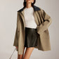 Contrast-Collar Zipper Loose Trench Coat