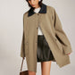 Contrast-Collar Zipper Loose Trench Coat
