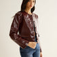 Crew Neck PU Leather Short Blazer