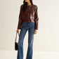 Crew Neck PU Leather Short Blazer
