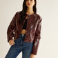 Crew Neck PU Leather Short Blazer