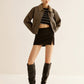 Corduroy-Collar PU Leather Jacket