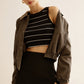 Corduroy-Collar PU Leather Jacket