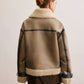 Faux Leather Zipper Teddy Coat