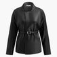 Stand Collar Belted Faux Leather Jacket