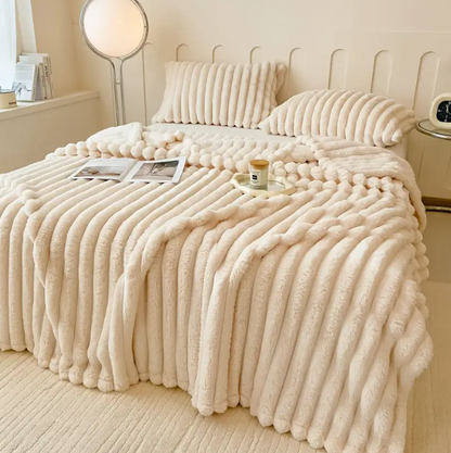 Cozy Heavy Flannel Blanket with Faux Rabbit Fur