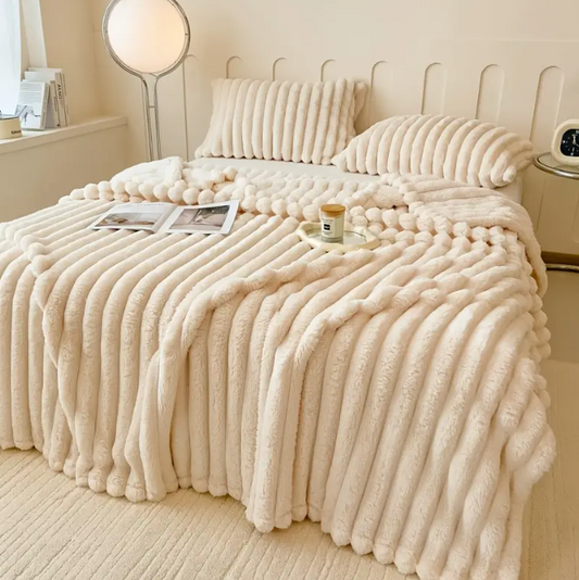 Cozy Heavy Flannel Blanket with Faux Rabbit Fur