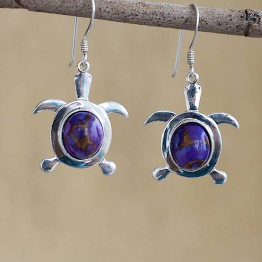 Stunning Boho Sterling Silver Turtle Earrings Adorned with Radiant Opal
