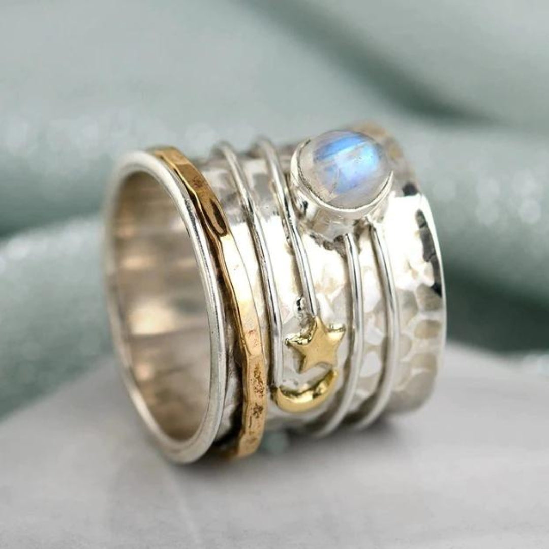 Charming Star and Moon Moonstone Spinner Ring