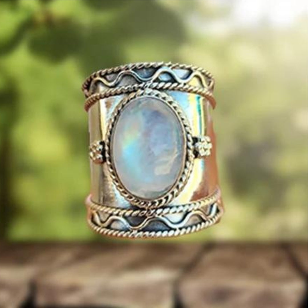 Elegant Bohemian Moonstone Ring with Wide Band