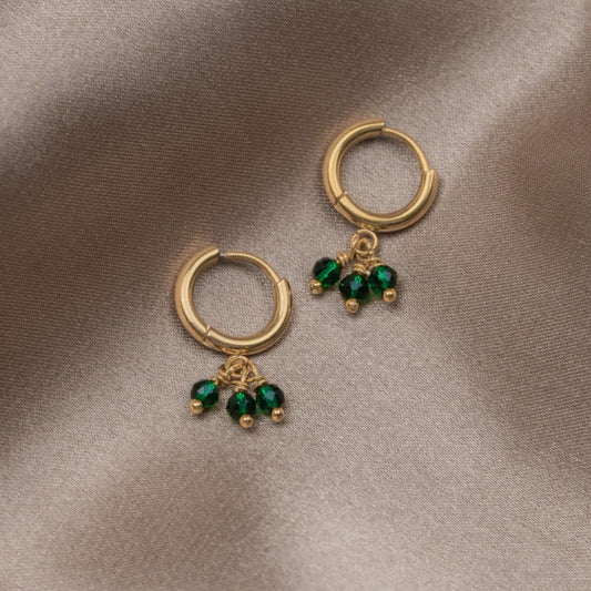 Stunning Gold Earrings Adorned with Triple Green Zirconia for a Touch of Elegance