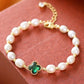 Elegant Emerald Clover Leaf Pearl Bracelet