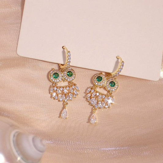 Stunning Gold Owl Earrings Adorned with Dazzling Green Zirconia