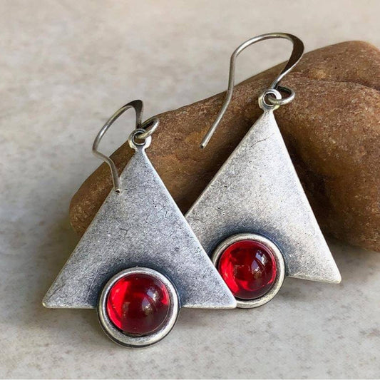 Exquisite Handcrafted Boho Triangle Earrings in Sterling Silver Adorned with Stunning Red Gemstones