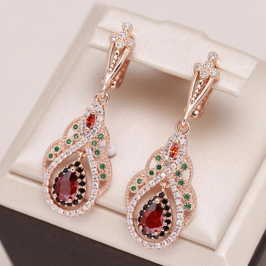Chic Red Mandala Earrings Adorned with Dazzling Zirconia in Luxurious Gold