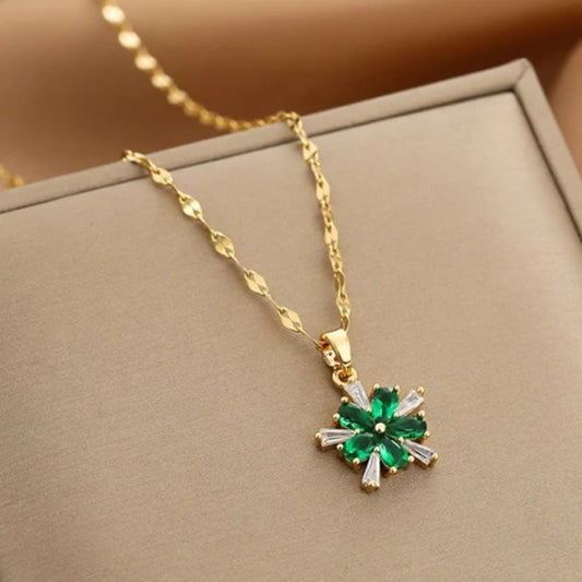 Elegant Gold Necklace with Green Crystal Flowers