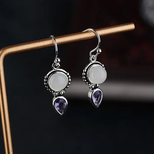 Stunning Vintage Moonstone Earrings Adorned with Dazzling Purple Crystals