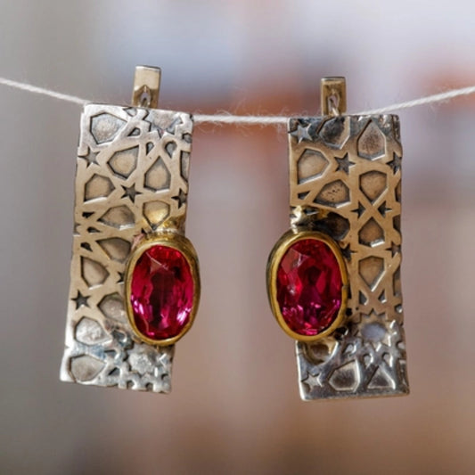 Stunning Vintage-Inspired Gold and Silver Earrings Adorned with Vibrant Red Zirconia