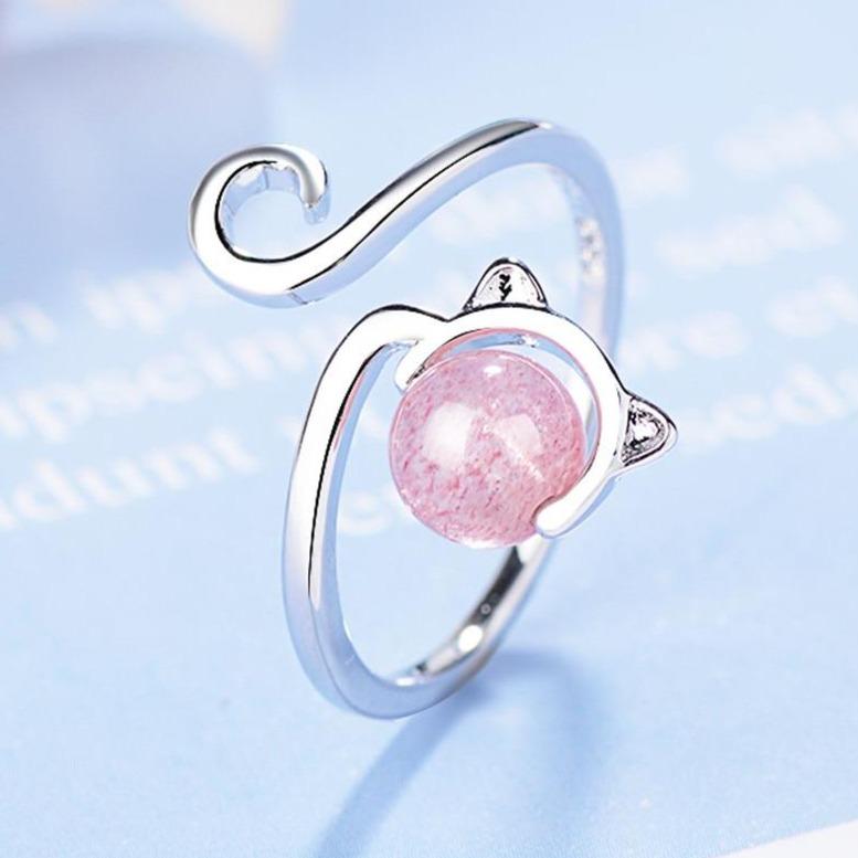 Shimmering 925 Sterling Silver Ring with Pink Agate and Playful Cat Motif