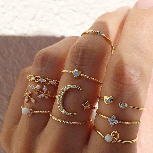 10-piece set exquisite Bohemian silver and gold-plated rings as stylish accessories