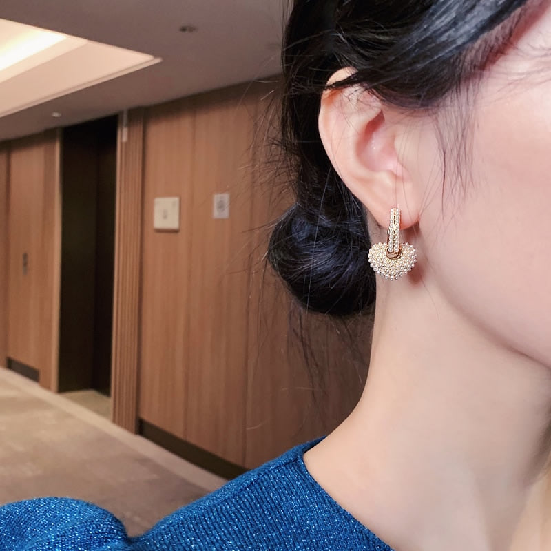 Elegant Gold Pearl Heart Earrings
