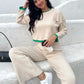 Contrast Knit Sweater & Elastic Waist Slit Pant 2 Piece Lounge Set
