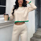 Contrast Knit Sweater & Elastic Waist Slit Pant 2 Piece Lounge Set