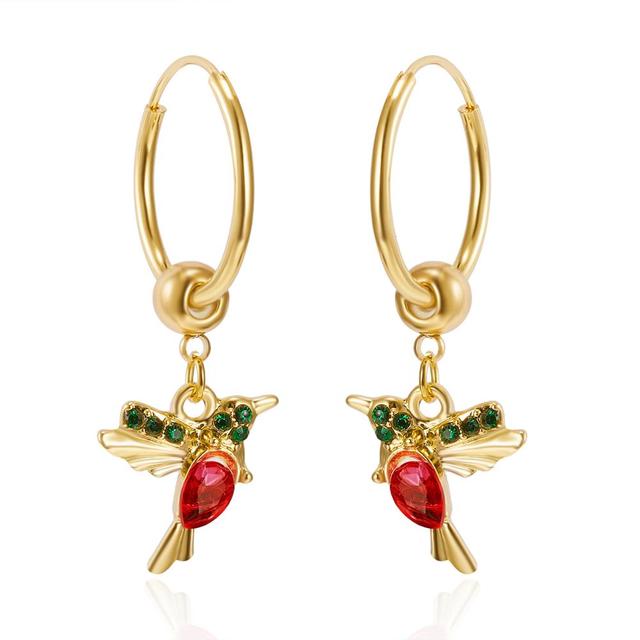 Stunning Gold Hummingbird Stud Earrings Adorned with Dazzling Zirconia and Vibrant Enamel Accents