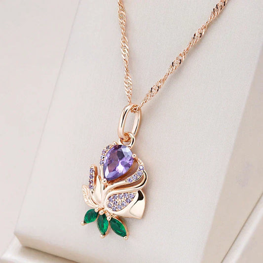Delicate Golden Necklace with Elegant Purple Roses