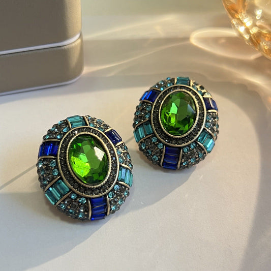 Stunning Vintage Earrings Featuring Dazzling Green Crystals and Brilliant Blue Cubic Zirconia