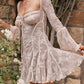 Lace Long Falre Sleeve Pleated Print Mini Dress