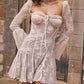 Lace Long Falre Sleeve Pleated Print Mini Dress