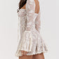 Lace Long Falre Sleeve Pleated Print Mini Dress