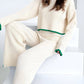 Contrast Knit Sweater & Elastic Waist Slit Pant 2 Piece Lounge Set