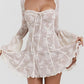 Lace Long Falre Sleeve Pleated Print Mini Dress